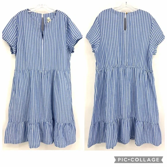 Pact Canopy Notch Neck Dress Bondi Stripe Linen Organic Cotton Blue Size XL - Picture 2 of 12